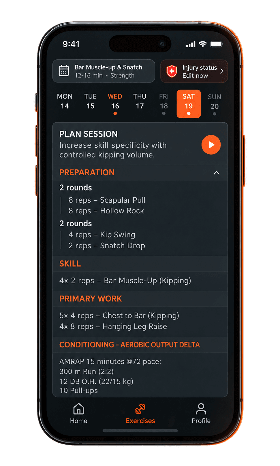 Écran mobile AVEN.FIT du plan d'entraînement et de la séance du jour